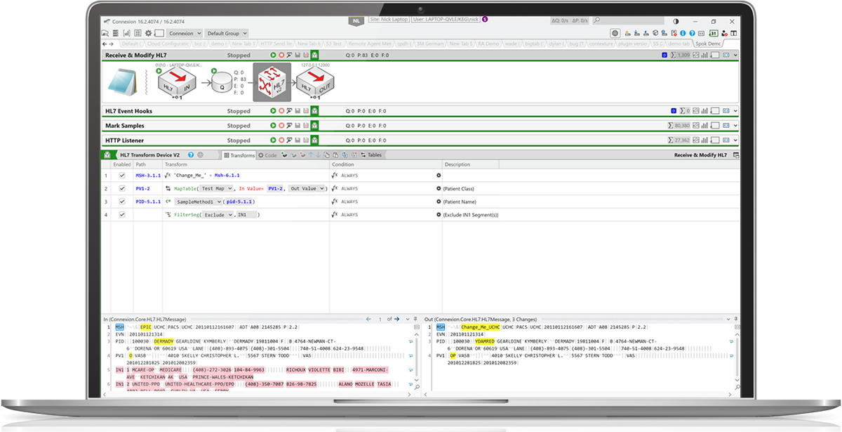 Modify HL7 messages in the Connexion management application